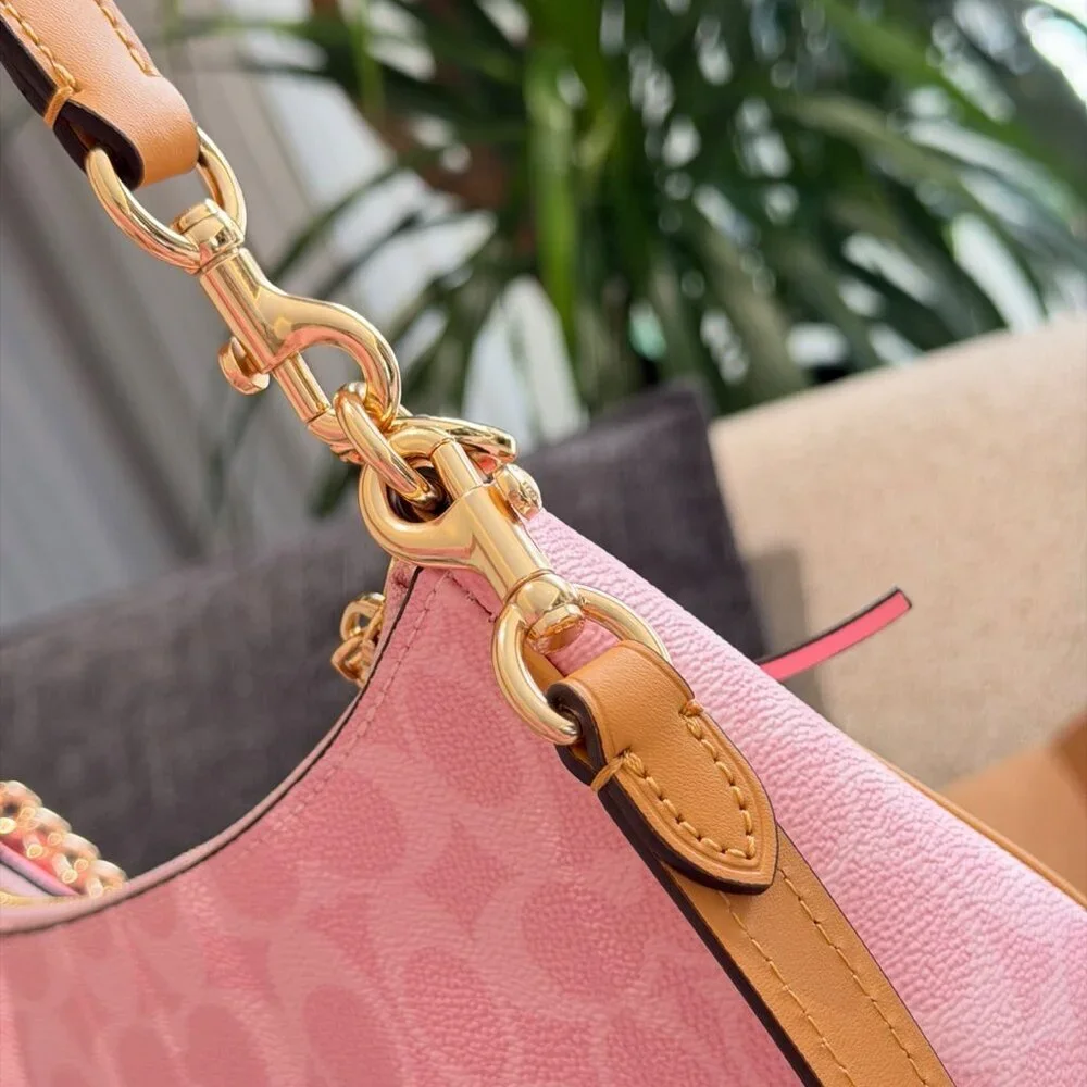 Coach Teri Shoulder Bag Signature Canvas With Charms Gold/Powder Pink CEA20 NWT